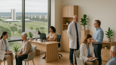 Profissionais da saúde atendendo pacientes em consultórios modernos e organizados com vista para a Esplanada dos Ministérios em Brasília, em ambiente iluminado, com recepção, secretária e móveis de madeira clara decorados com plantas.