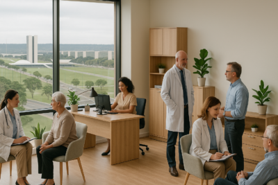 Profissionais da saúde atendendo pacientes em consultórios modernos e organizados com vista para a Esplanada dos Ministérios em Brasília, em ambiente iluminado, com recepção, secretária e móveis de madeira clara decorados com plantas.