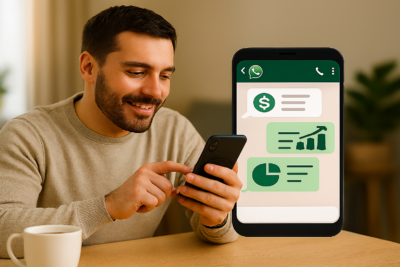 Homem usando smartphone com interface de mensagens sobre finanças e segurança digital