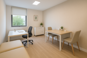 Sala de consultório moderna e compartilhada, com duas mesas de atendimento, cadeiras confortáveis, iluminação natural e decoração minimalista, representando o conceito de divisão de espaço profissional para médicos e terapeutas em Brasília-DF.