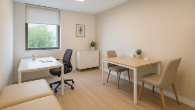 Sala de consultório moderna e compartilhada, com duas mesas de atendimento, cadeiras confortáveis, iluminação natural e decoração minimalista, representando o conceito de divisão de espaço profissional para médicos e terapeutas em Brasília-DF.